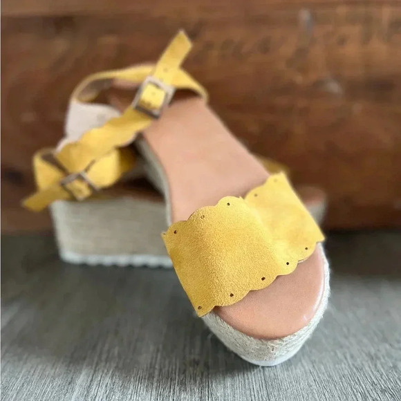 AMS 7.5 Mary Jane Espadrille Platform Wedge Flatform Open Toe Sandal Mustard - Picture 2 of 4